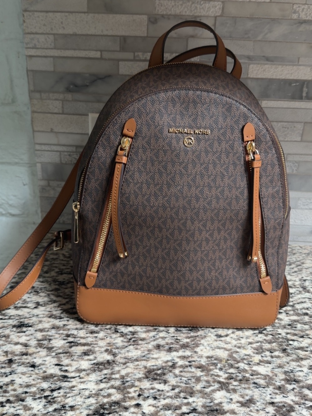 Michael Kors Brown Logo Backpack with Tan Trim